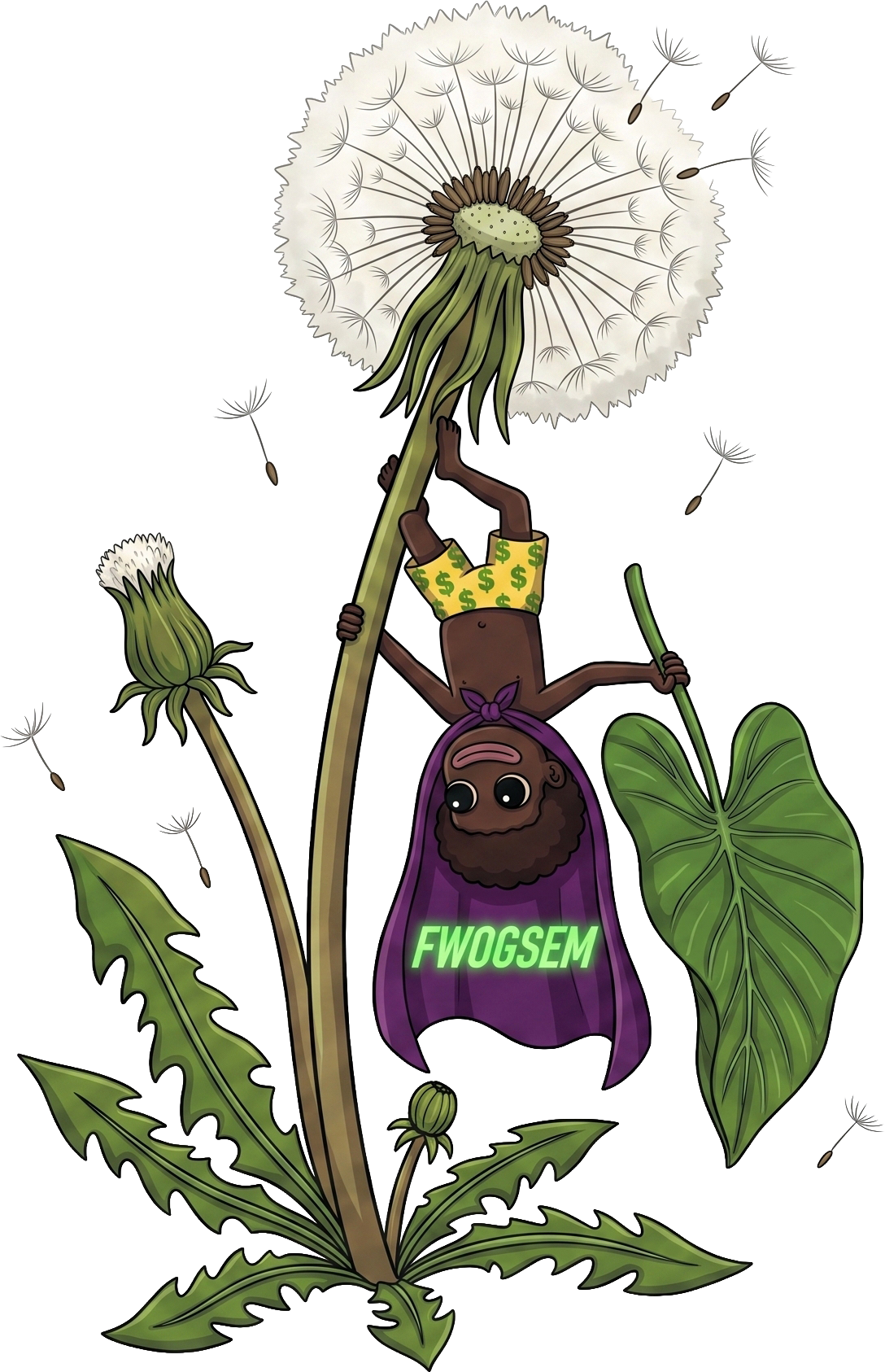 Fwogsem character hanging from a dandelion wearing the FWOGSEM cape
