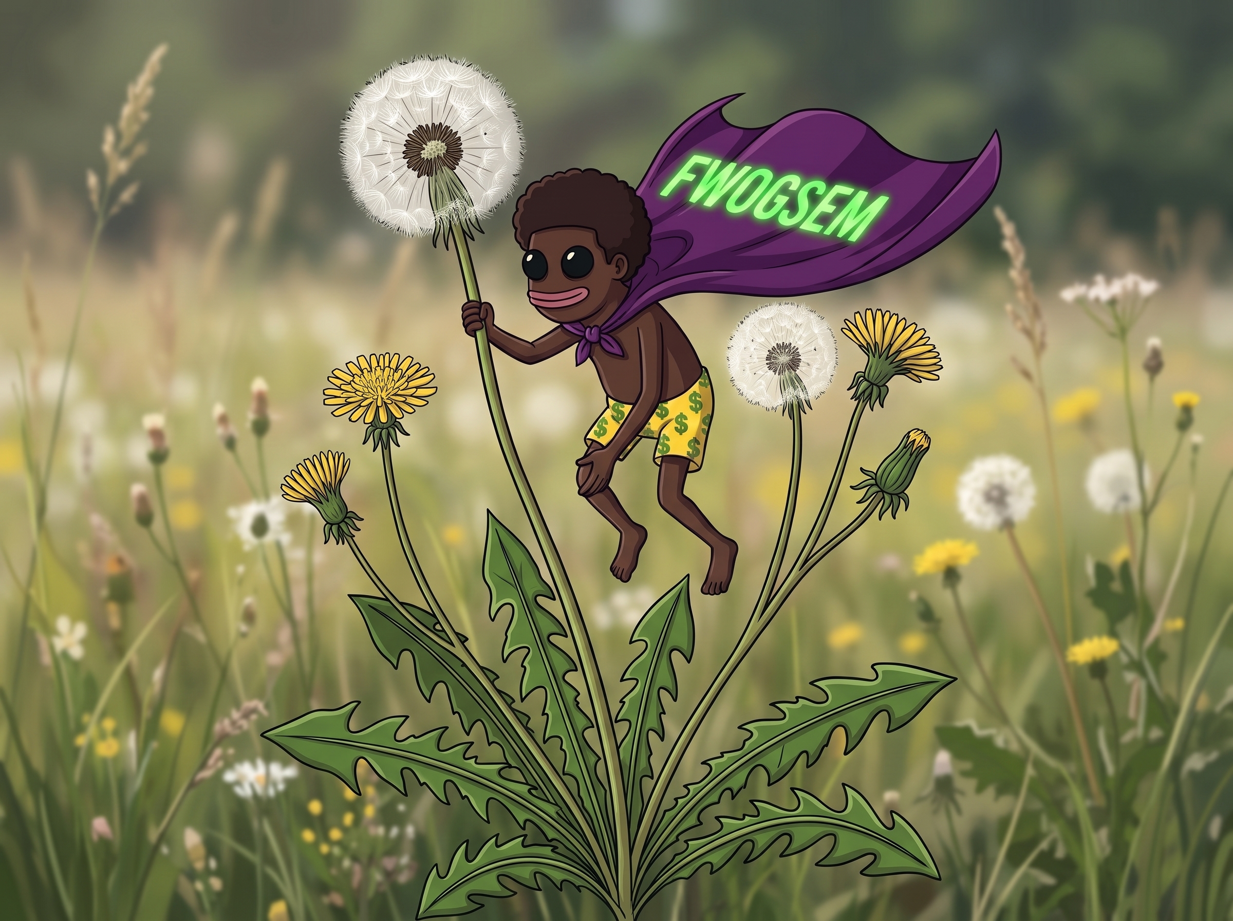 Fwogsem flying with a cape over a field of dandelions