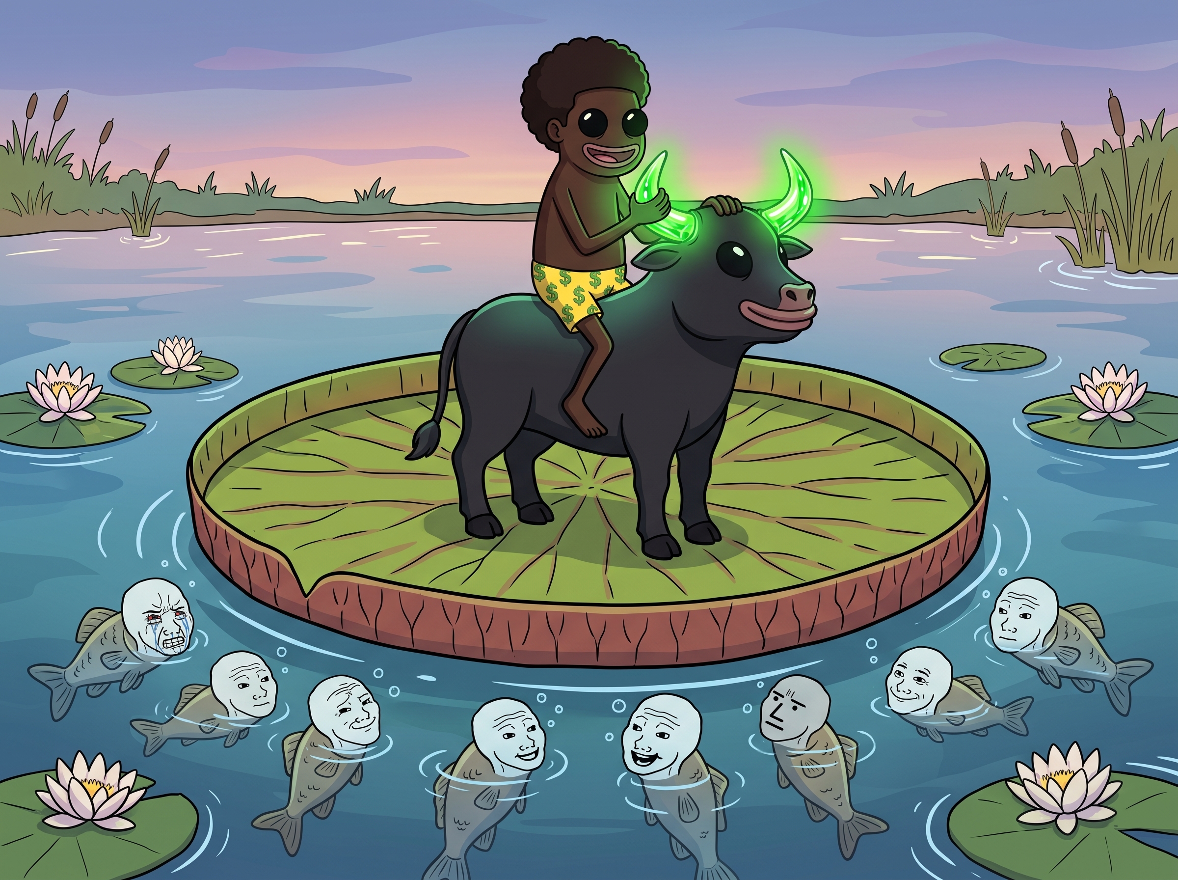 Fwogsem on the bull atop a leaf in the pond full of wojak fish