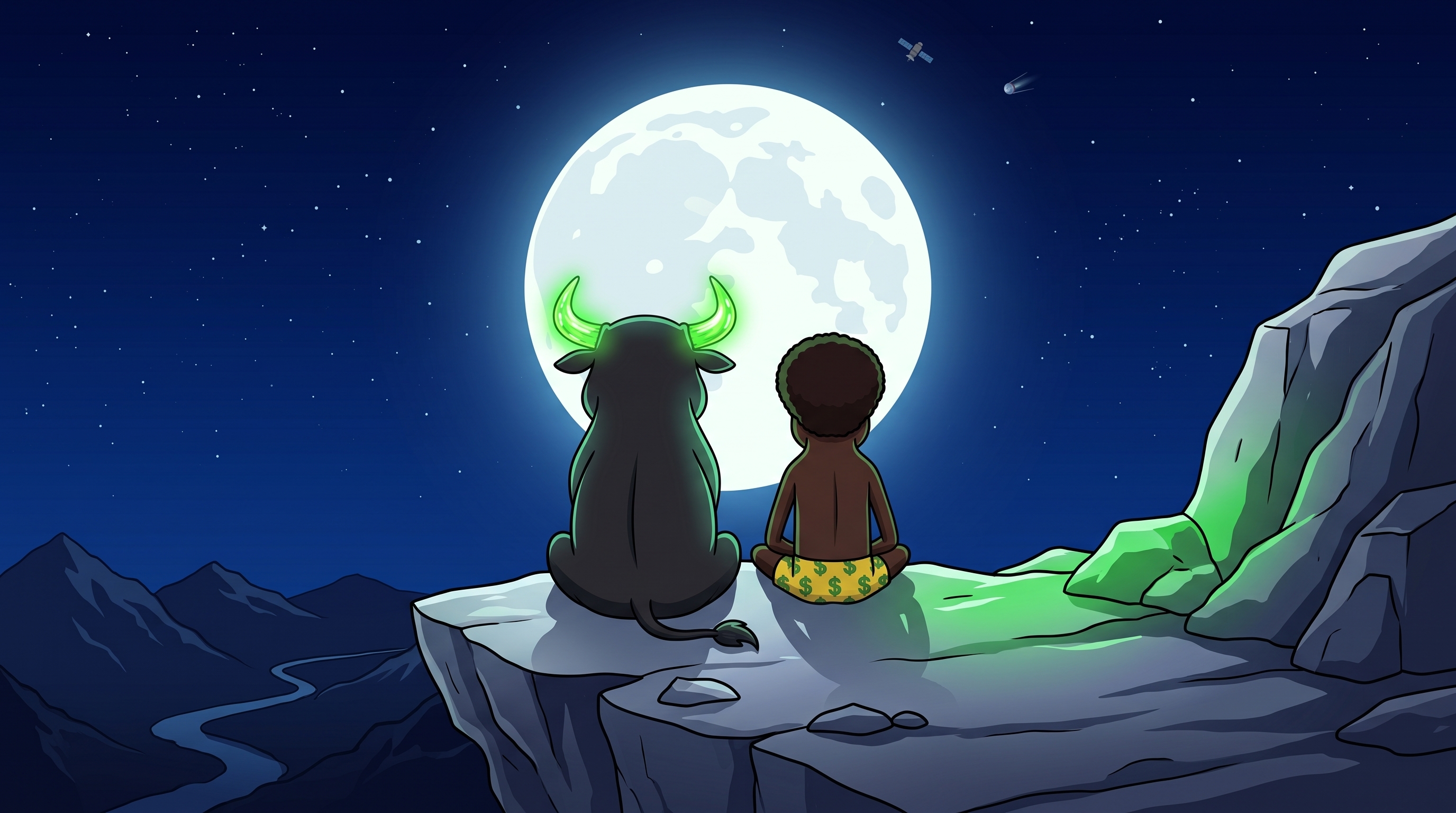 Fwogsem and the bull watching the moon on a cliff
